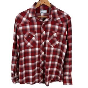 Wrangler Wrancher Men Size Large Red Plaid Pearl Snap Button Up Long Sleeves